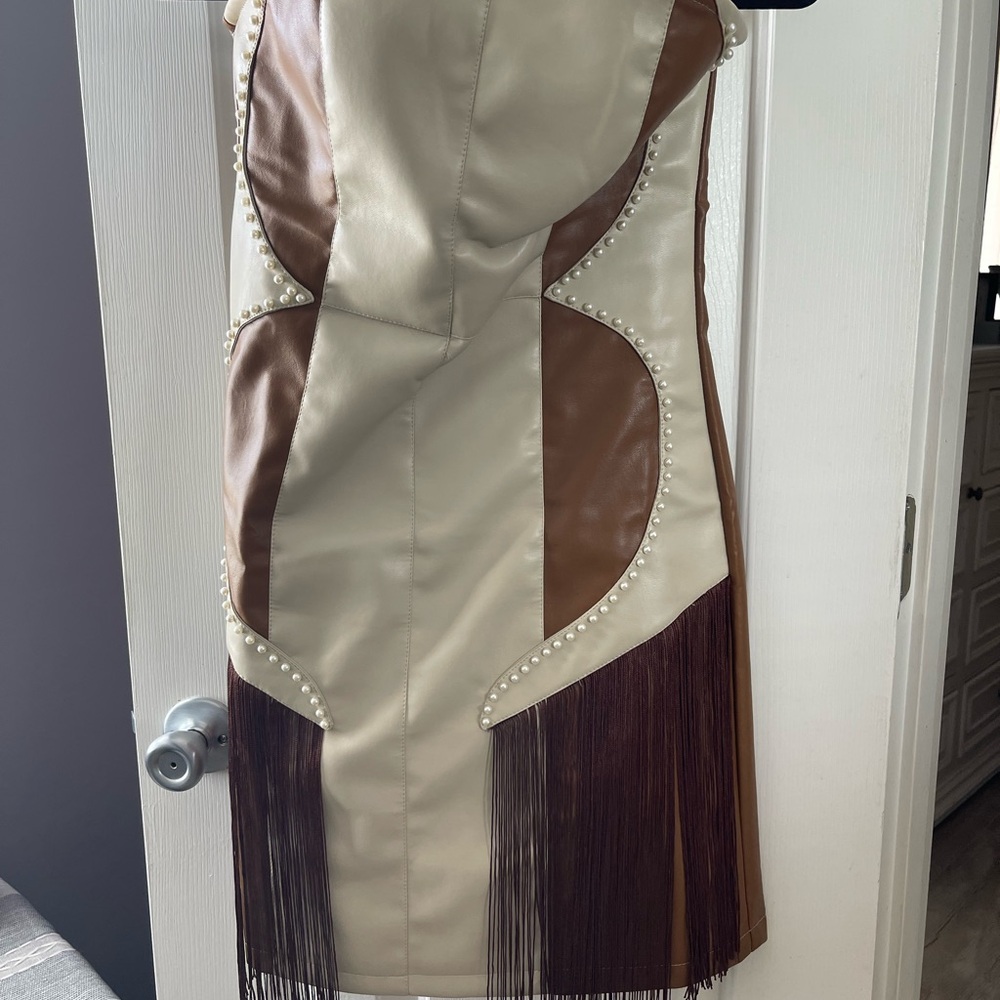 Cream Sheath Dress with Halter Neckline and Fringe Detail